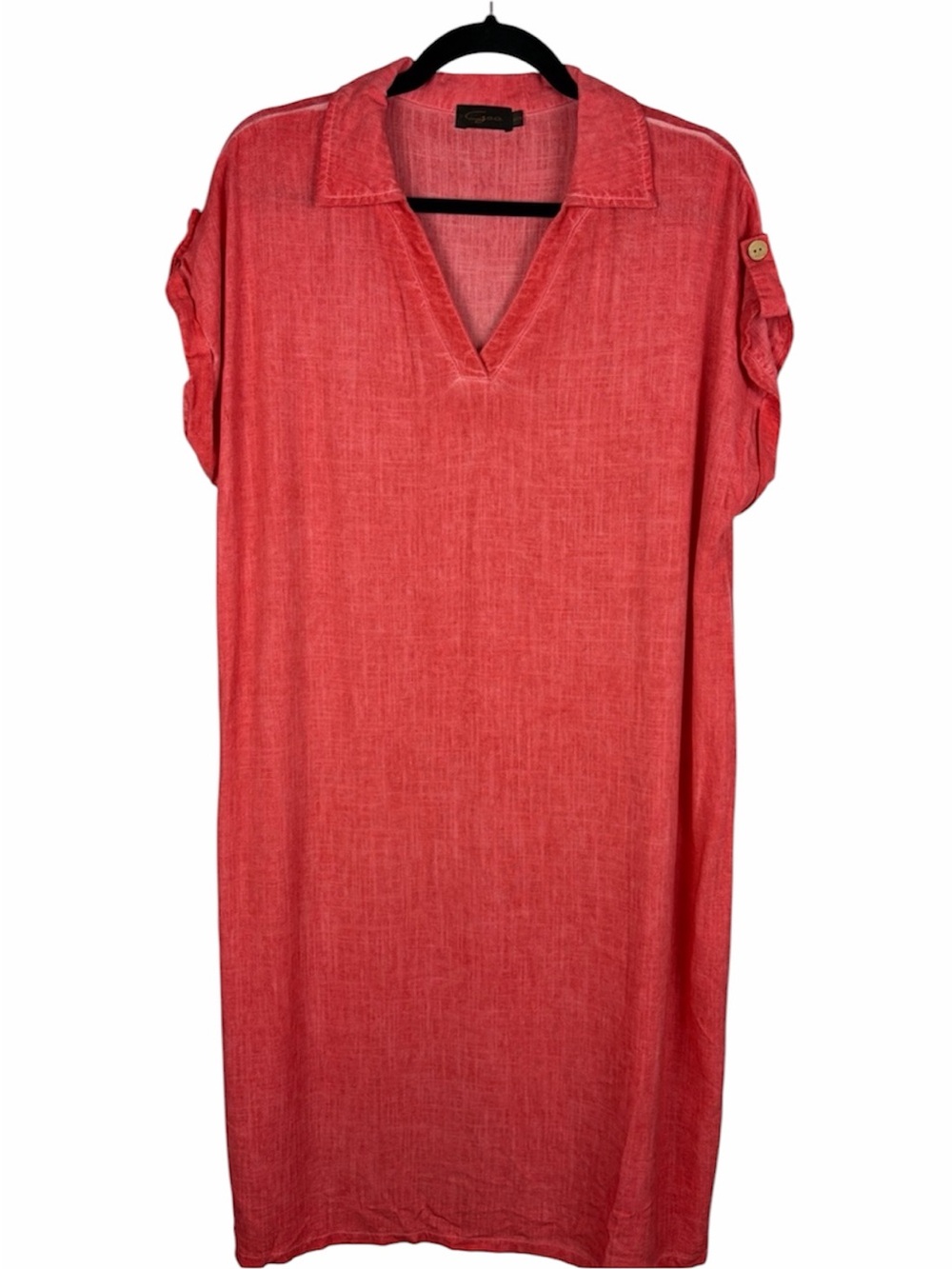 Goa Coral Linen Blend Roll Tab Sleeve Shift Dress Medium